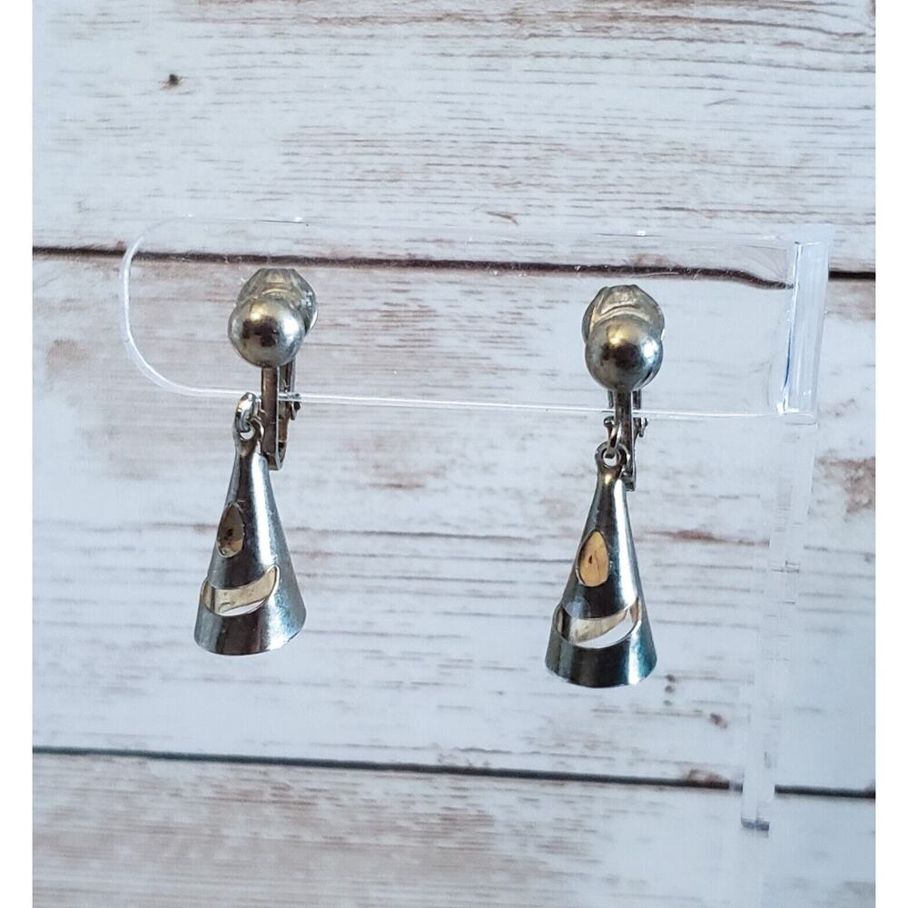 Vintage Clip On Earrings Gold Tone Cone Dangle - Just Under 1.25'